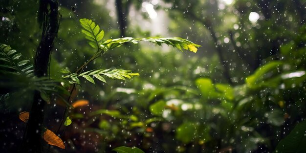 La lluvia cae en una selva tropical con las gotas de lluvia IA generativa