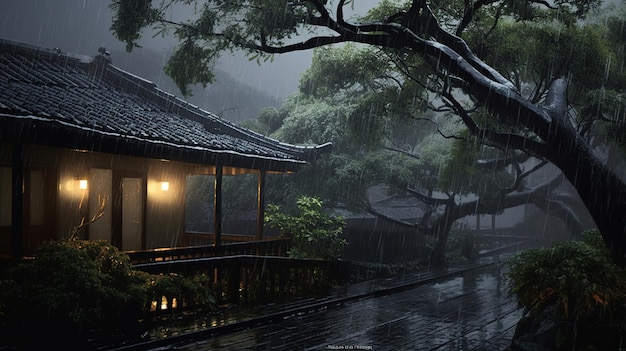 Foto la lluvia cae sobre la cabaña al estilo del paisaje tradicional chino