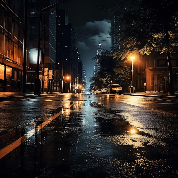 Lluvia en la calle en la noche oscura