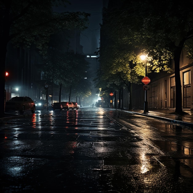 Lluvia en la calle en la noche oscura