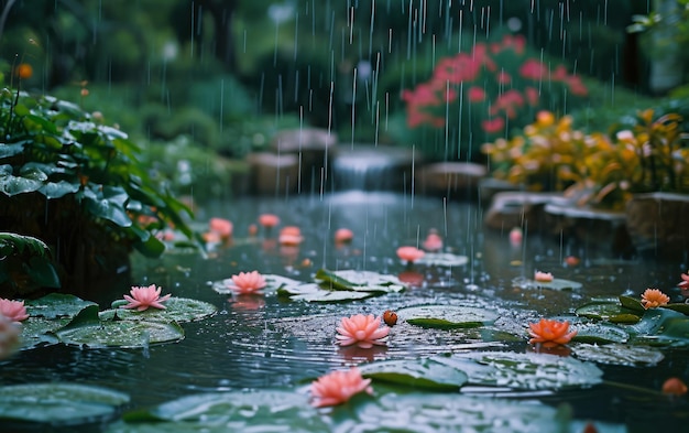 Lluvia en un exuberante jardín