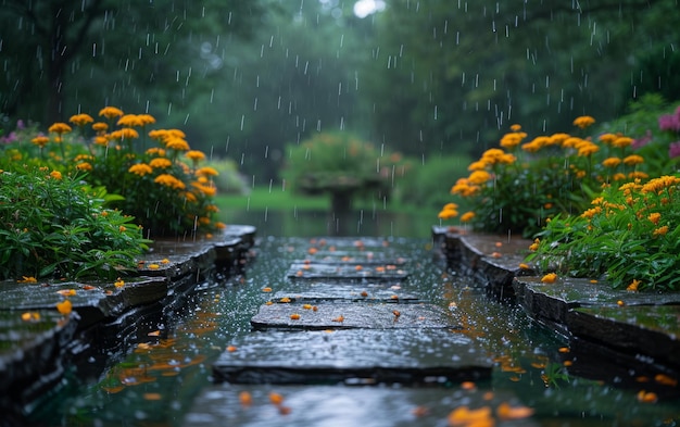 Lluvia en un exuberante jardín