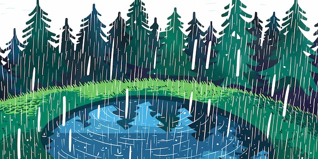 lluvia en el fondo del bosque de pinos