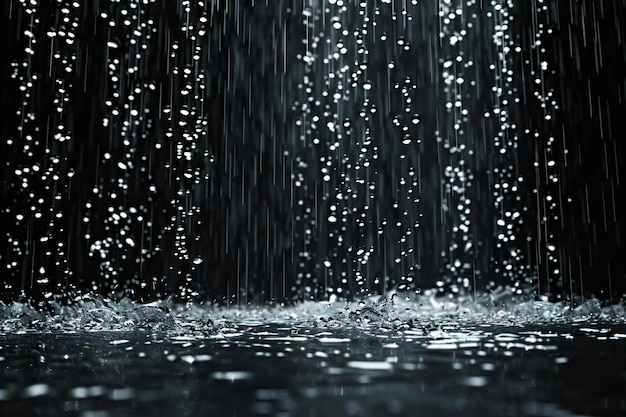 La lluvia fotorrealista que cae aislada sobre un fondo negro gotas de lluvia fuertes y salpicaduras altas