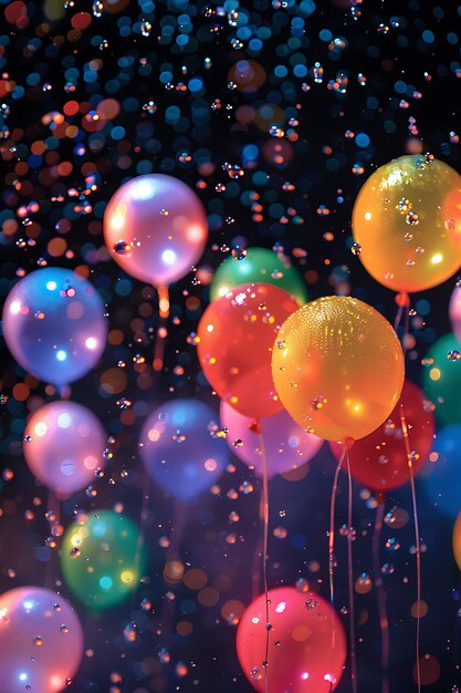 Lluvia de globos brillantes lúdicos con globos coloridos y fondo de neón de collage Y2K brillante