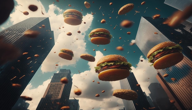 Lluvia de hamburguesas en ciudad con rascacielos hamburguesas cayendo del cielo AI
