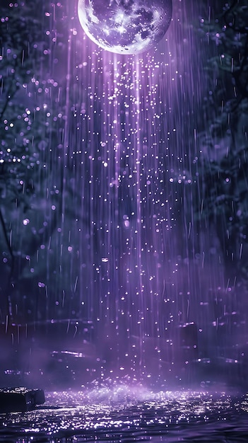 La lluvia luminosa lunar con gotas iluminadas por la luna y el místico púrpura C brillante fondo de neón de collage Y2K