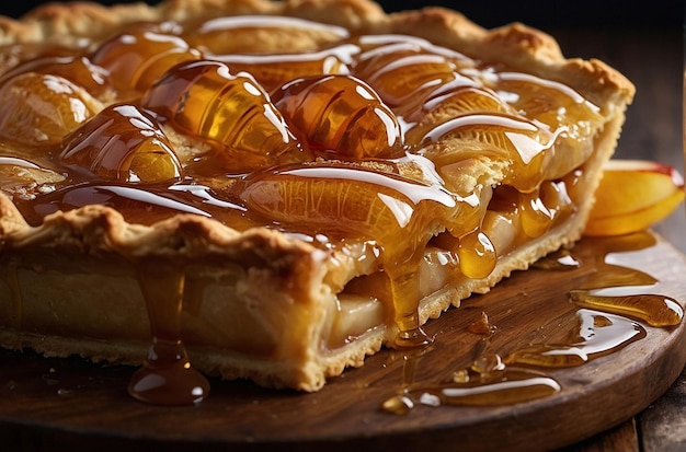 La lluvia de miel en el postre dulce de la tarta de manzana