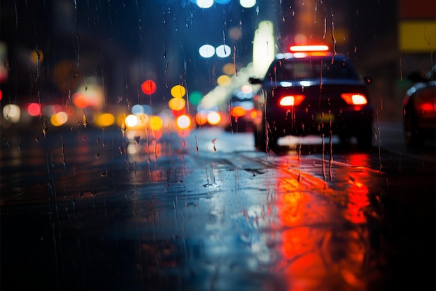 Lluvia nocturna Una perspectiva de los coches en medio del paisaje urbano empapado de lluvia