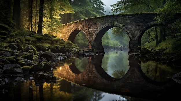 lluvia nocturna en un puente histórico un viejo puente de piedra con reflejo en el agua