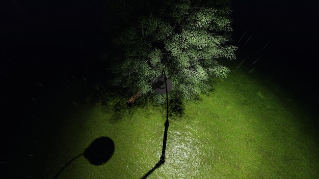 Lluvia de otoño en el parque en un banco solitario bajo una linterna 3D Render