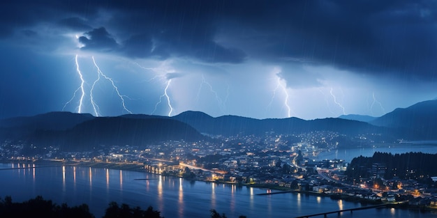 Lluvia de relámpagos y tormentas eléctricas en la ciudad cerca del mar durante el atardecer un espectáculo cautivador e impresionante de la naturaleza que se fusiona en una armonía mágica IA Generativa AI