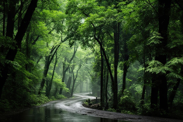 Foto la lluvia revitalizada de los bosques trae vida con frescos tonos verdes