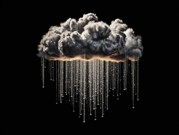 La lluvia sale de las nubes en el fondo negro de la IA generativa