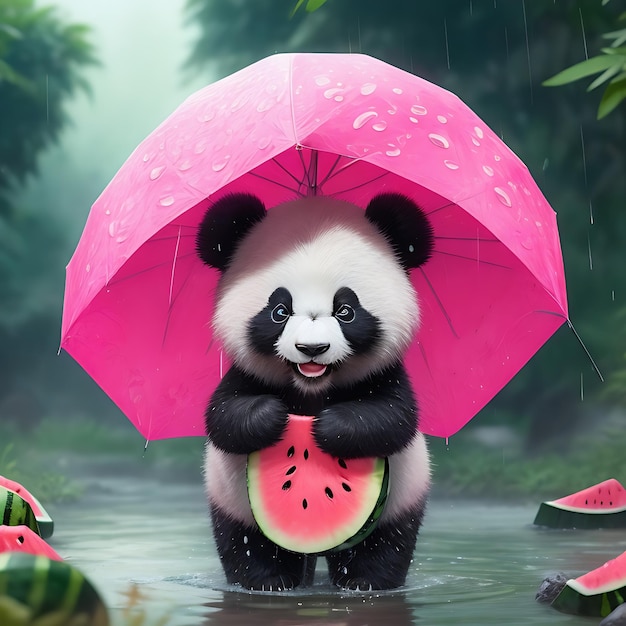 Lluvia de sandía rosa y panda lindo