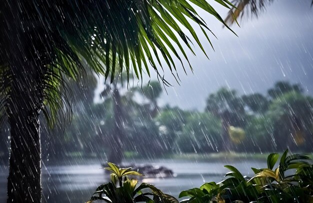 Foto lluvia en los trópicos durante la temporada baja o la temporada de monzones gotas de lluvia en un jardín