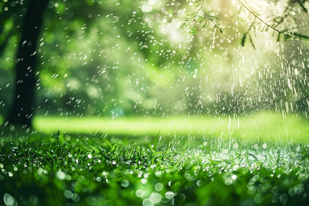 Foto lluvia de verano o rociador de césped rociando agua en el césped verde