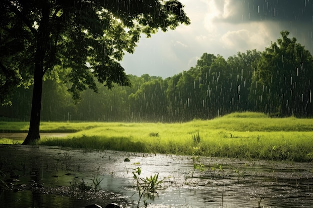 Lluvia de verano en un prado verde a la luz del sol