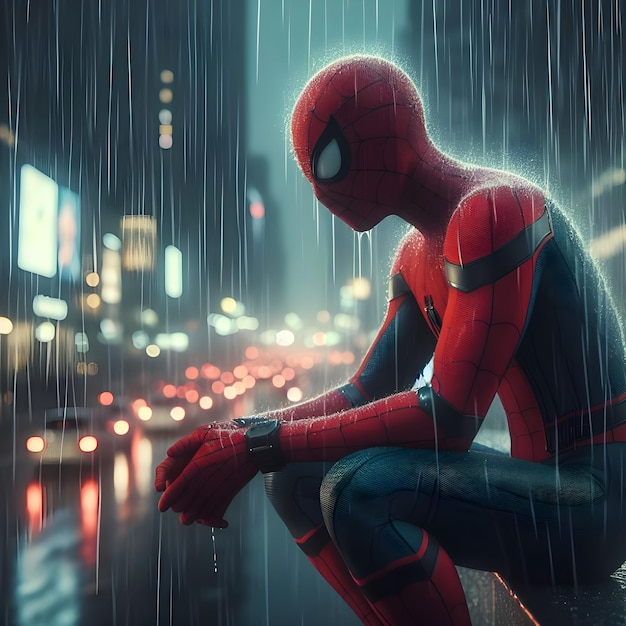Foto lluviando sobre el hombre araña mientras está triste