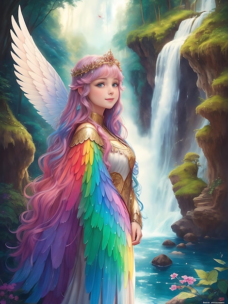 Ölmalerei einer wunderschönen Prinzessin mit rosafarbenen Wangen, Engelflügeln, Regenbogenfischhaaren, KI-generiert