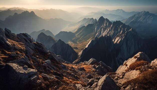 En lo alto de la majestuosa belleza panorámica de la cordillera en la naturaleza generada por inteligencia artificial