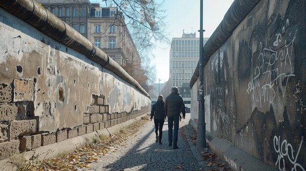Foto a lo largo de las bulliciosas calles del lado este, el muro de berlín se erige como un testigo silencioso del pasado tumultuoso de la ciudad, sus restos, un crudo recordatorio de la división y la reunificación.