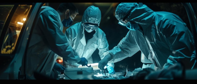 Foto a lo largo del documental se ve a los miembros del equipo forense reuniendo pruebas de una escena del crimen. paramedicos y policías están en el lugar. se muestra a un experto en embalaje de armas inspeccionando el