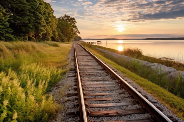 a lo largo de un ferrocarril en una mañana de verano generado por la IA