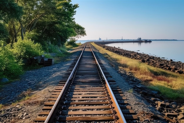 a lo largo de un ferrocarril en una mañana de verano generado por la IA