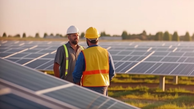 A lo lejos, dos técnicos hablan entre extensas filas de paneles fotovoltaicos Conceptos de ecología de energías alternativas y reducción de la huella de carbono La IA generativa