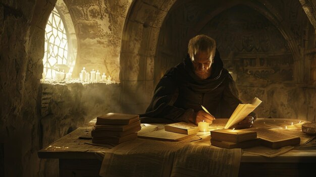 En lo profundo de una cueva escondida un sabio y anciano alquimista se sienta en una mesa cubierta de pergamino y libros