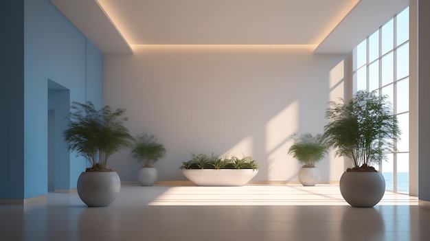 Lobby com vasos de flores e iluminação projetada no estilo do minimalismo conceitual AI Generative