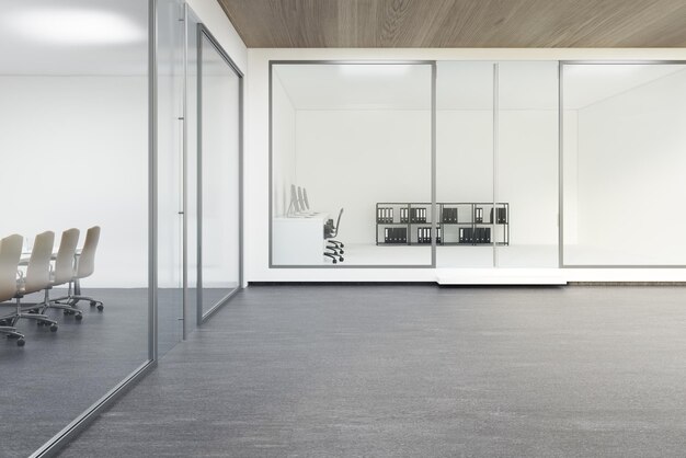 Lobby de escritórios com teto de madeira e piso de concreto, paredes brancas e sala de conferências com paredes de vidro. Uma vista lateral. simulação de renderização 3D