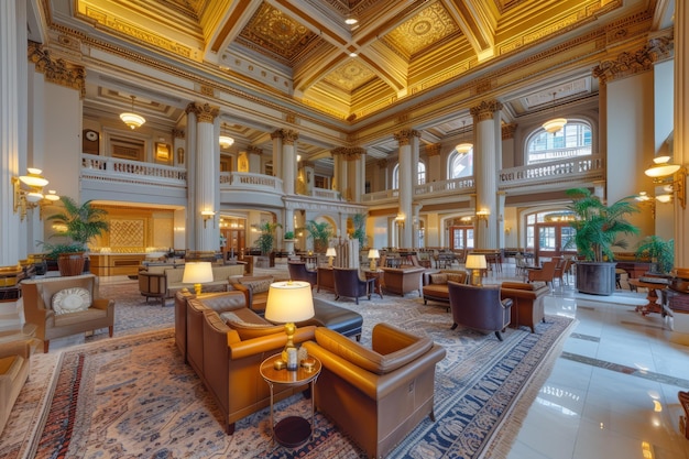 Lobby de hotel ornamentado com pisos de mármore e móveis de couro