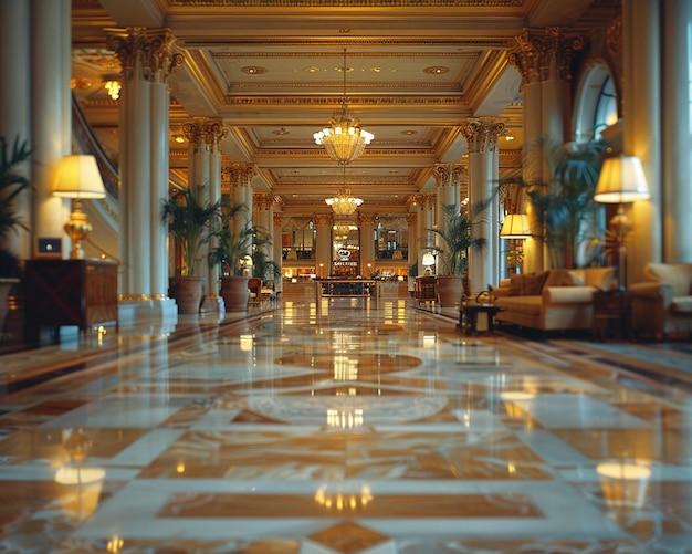 Lobby de um grande hotel com foco suave na elegância e nos hóspedes