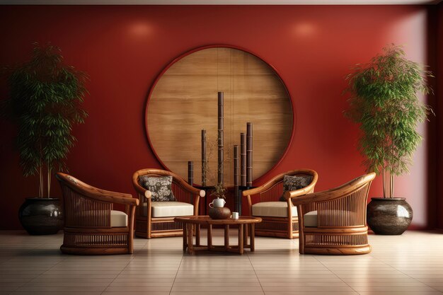 Lobby do hotel com mobiliário de estilo asiático fotografia profissional Ai Generated