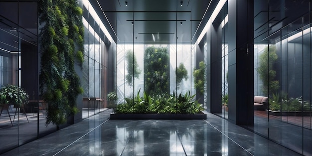 Lobby do prédio de escritórios com plantas e parede de vidro alta