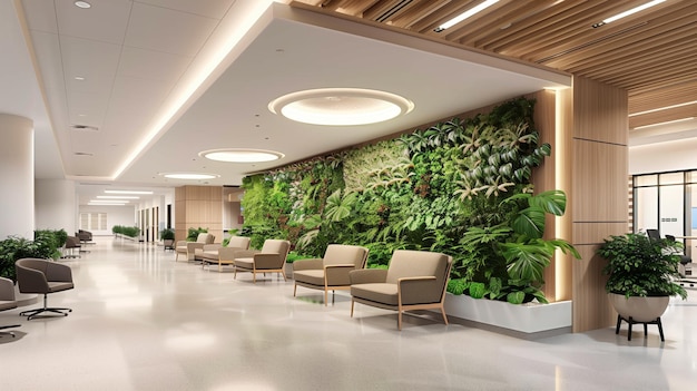 Lobby interior espaçoso com jardim vertical e móveis modernos