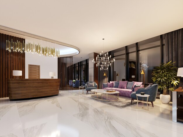 Lobby de lujo en un hotel moderno con un cómodo sofá y sillones de diseño. Representación 3d