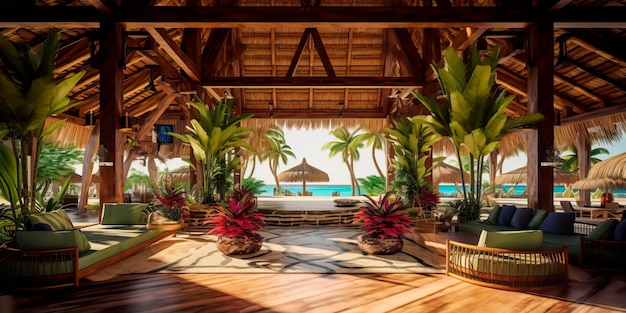 Lobby del resort tropical con techo de paja, vigas de madera y vistas al océano. IA generativa.