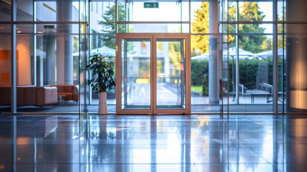 Lobby vazio com portas de vidro e planta em vaso