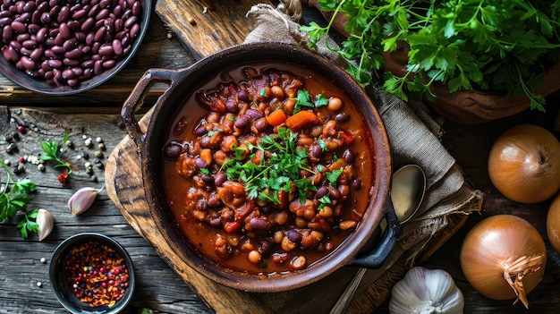 Lobio georgiano frijoles cocidos frijoles rojos con carne y especias Lobio en olla de cerámica sobre un fondo rústico