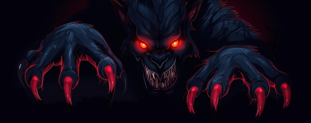 Lobisomem demônio monstro com olhos vermelhos em fundo preto Ilustração generativa de IA