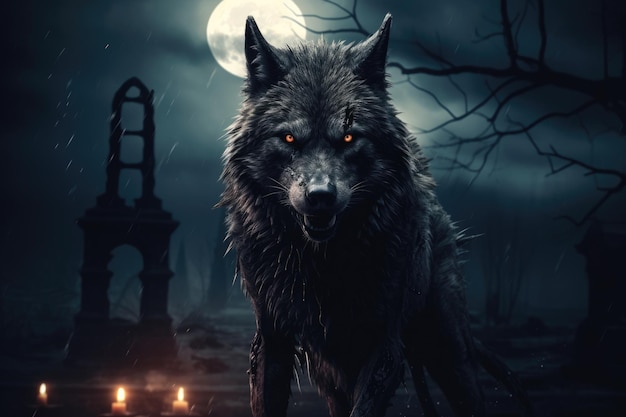 Lobisomem Lobo Negro Uivando para a Lua à Noite Cemitério Halloween Animal Selvagem em Preto