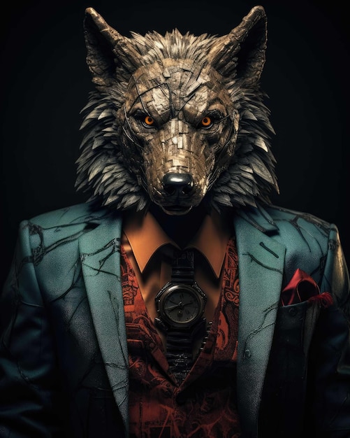 Foto lobo 3d con un cuerpo humano que luce serio usando un traje con un dramático fondo de estudio