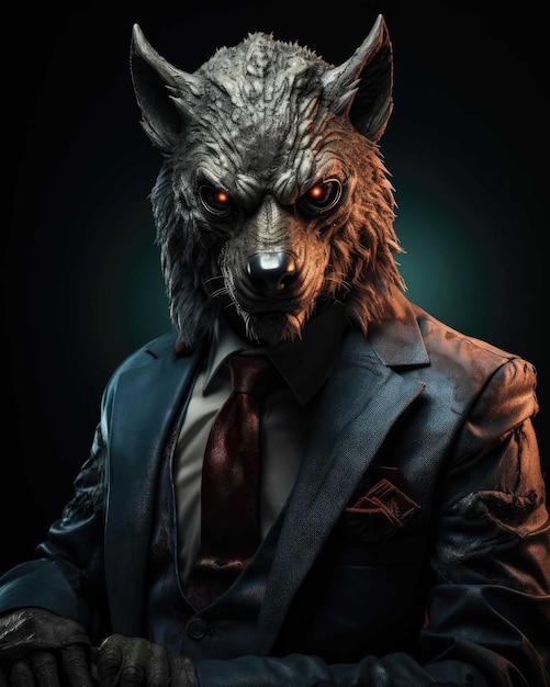 Lobo 3D con un cuerpo humano que luce serio usando un traje con un dramático fondo de estudio