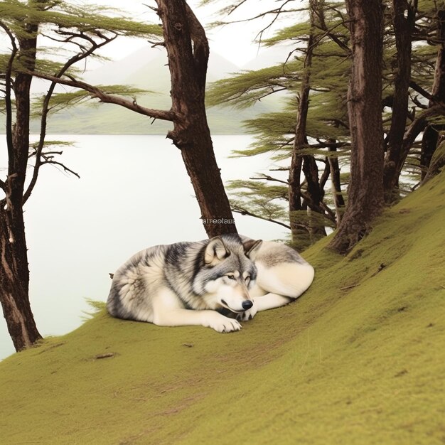Foto un lobo está acostado en una colina con árboles en el fondo