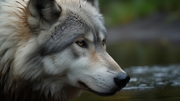 Un lobo en el agua con un fondo verde.