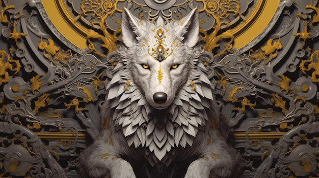 Un lobo con alas doradas se sienta frente a un papel tapiz dorado y plateado.