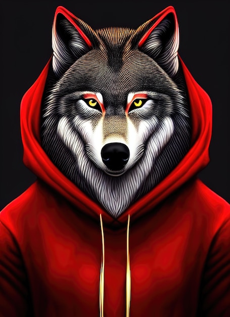 Lobo con una apariencia brutal con capucha roja Retrato de un medio lobo medio hombre en un chándal ojos brillantes ilustración 3d